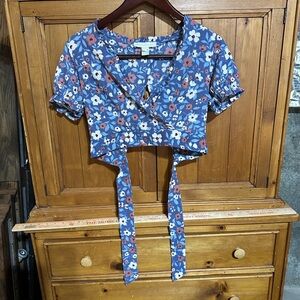 Floral Wrap Crop Top - Blue and White